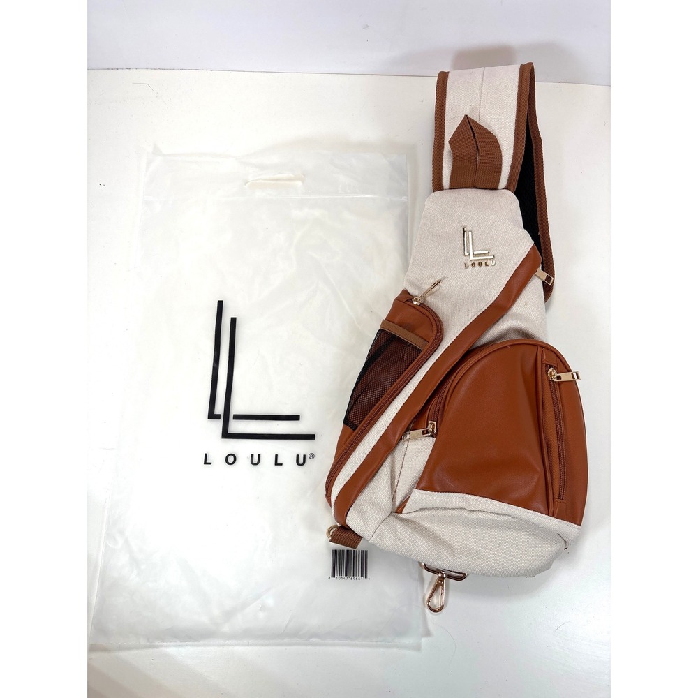 Loulu Large Canvas Sling Backpack Cream Tan Faux Leather Crossbody Travel Bag